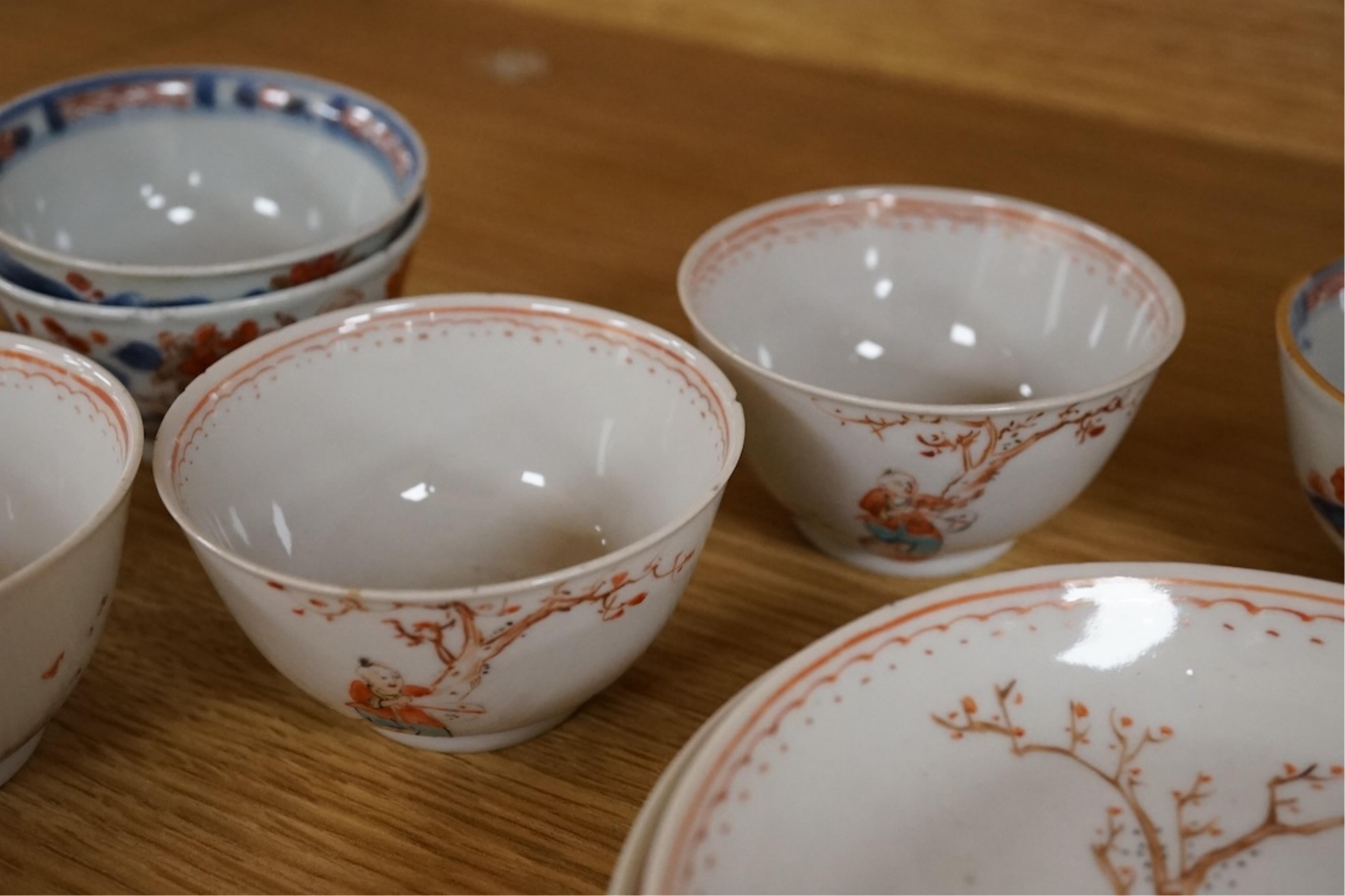 Four 18th century Chinese Imari teabowls and saucers, and a set of five 18th century famille rose teabowls and saucers, saucers 11.5cm